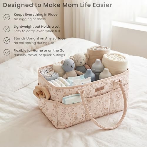 Konssy Baby Diaper Caddy Organizer, Floral Design with PU Leather Handles