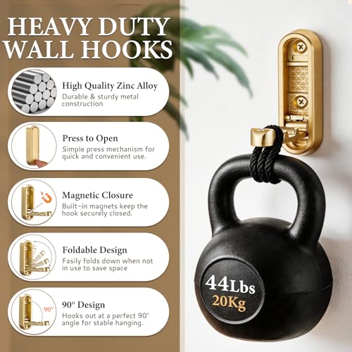Folding Wall Hooks, 2 Pack Gold Heavy Duty Coat Hooks, Screw Mounted