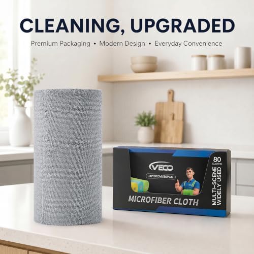 Veco Microfiber Cleaning Cloth Roll 80 PCS Gray, 12" x 12"