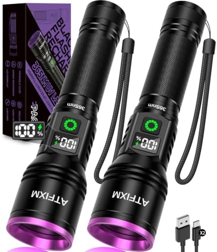 2Pack 365nm Black Light UV Flashlight Rechargeable for Pet Urine Detection