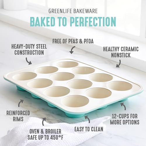 GreenLife 12 Cup Ceramic Nonstick Muffin Pan, Turquoise