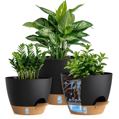 Self Watering Pots with Drainage Holes, 3 Pack 12/10/8 Inch Plant Pots with