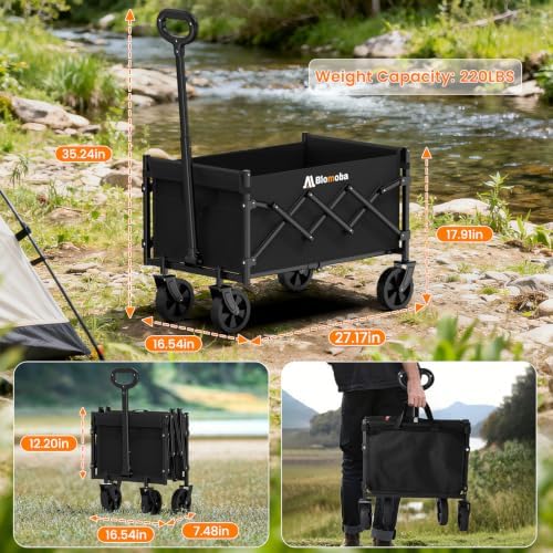 Folding Wagon Cart with Wheels, 220lbs Utility Wagon Cart, Black