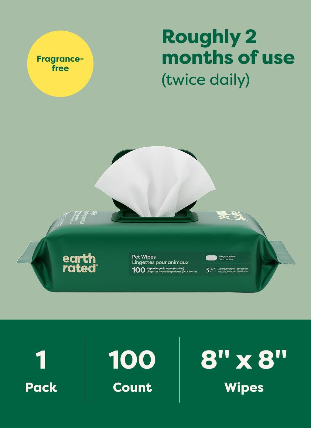 Earth Rated Pet Wipes for Dogs and Cats, Hypoallergenic, 3-in-1 Cleaning