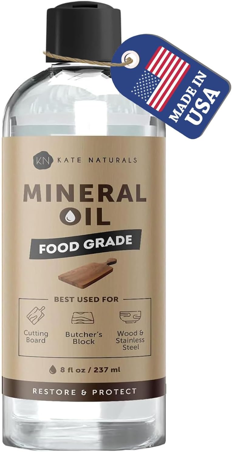 Kate Naturals Mineral Oil for Wood Cutting Board, Butcher Block, and Knife.