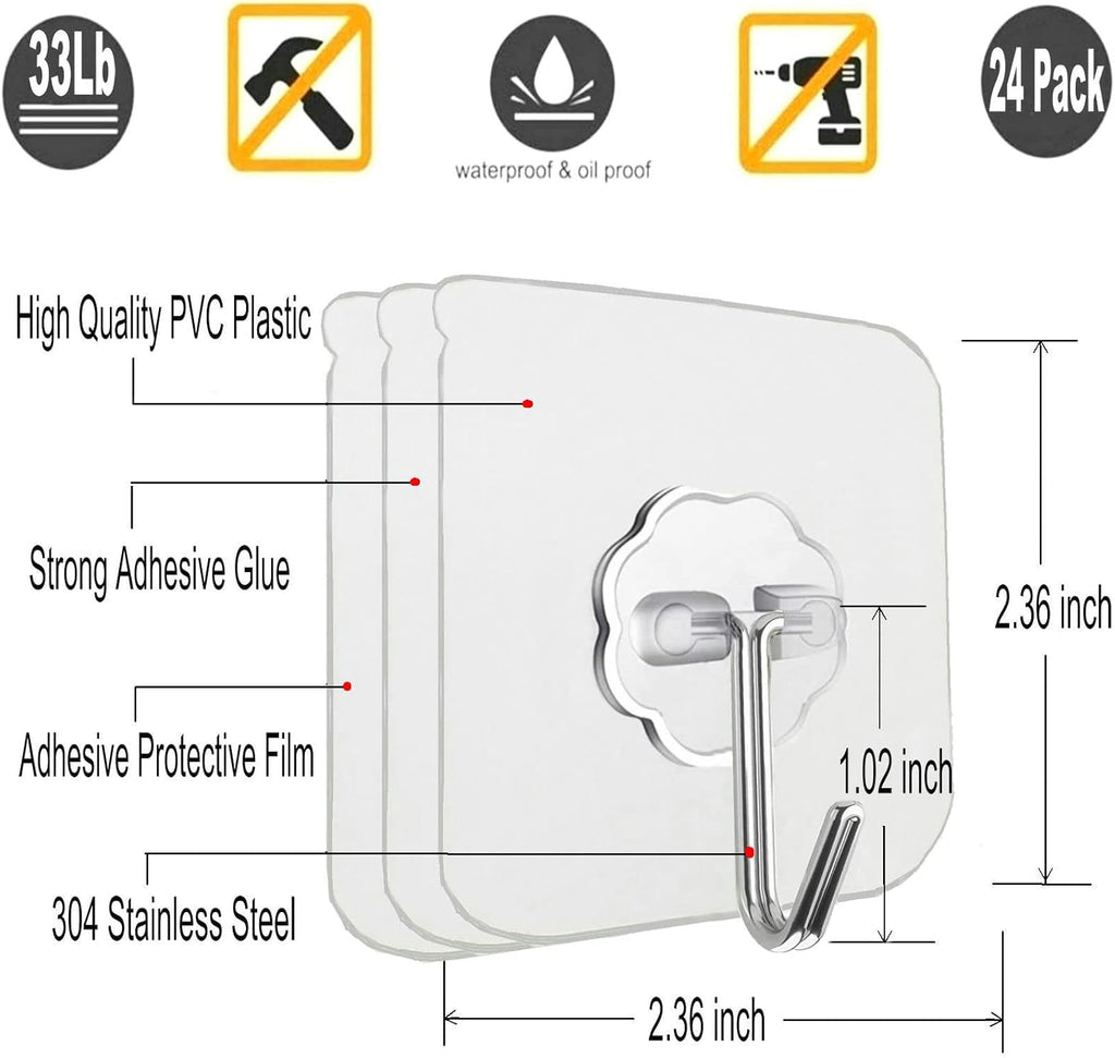 Jwxstore 24 Pack Self Adhesive Hooks Heavy Duty - 33lb Max, Transparent