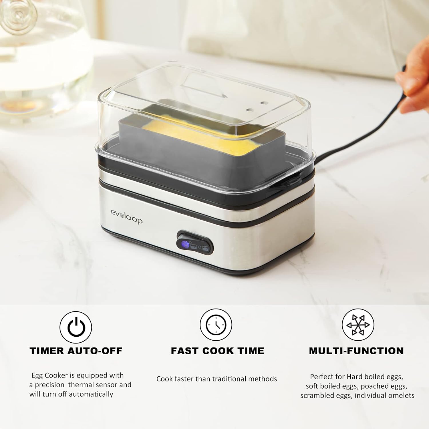 Evoloop Rapid Egg Cooker Electric 6 Eggs Capacity, Soft, Medium, Hard Boiled