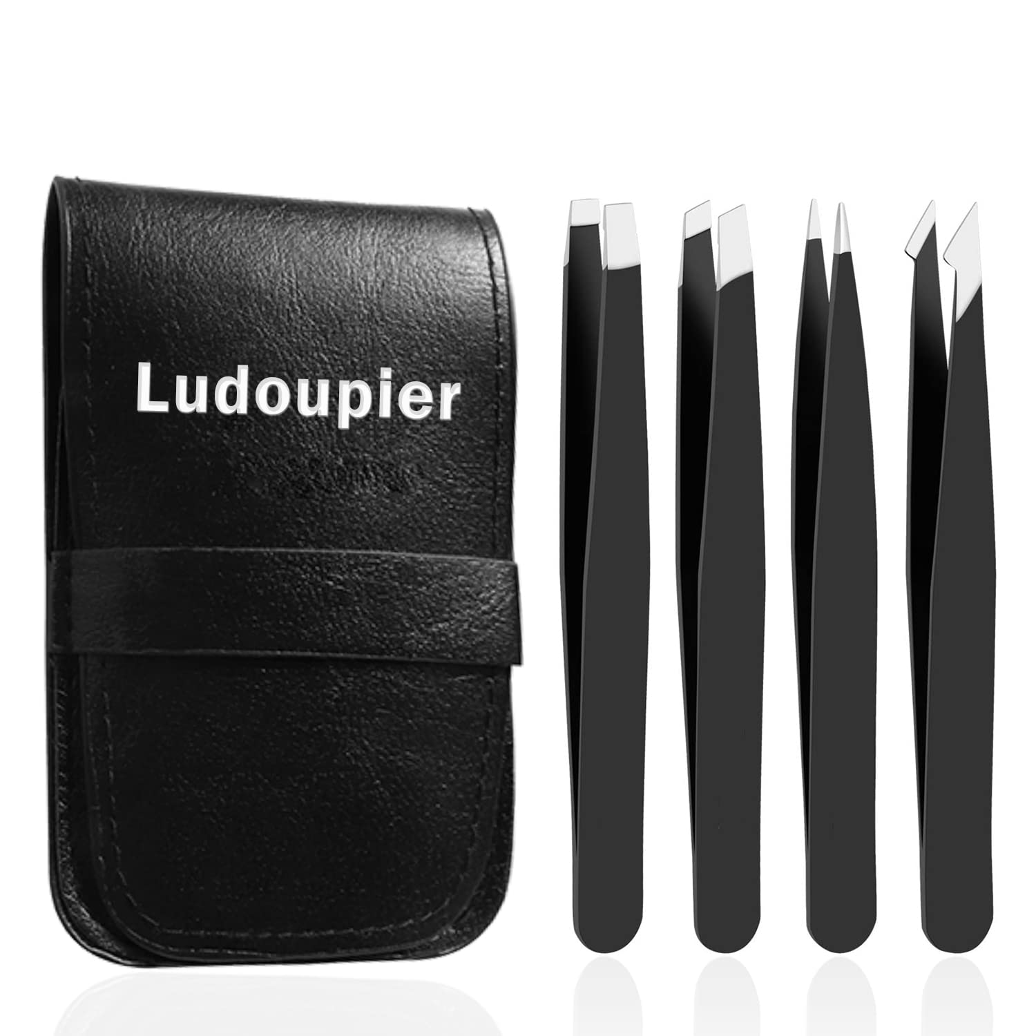 LUDOUPIER 4+1 Pieces Tweezers Set with Travel Case, Great Precision Upgrade