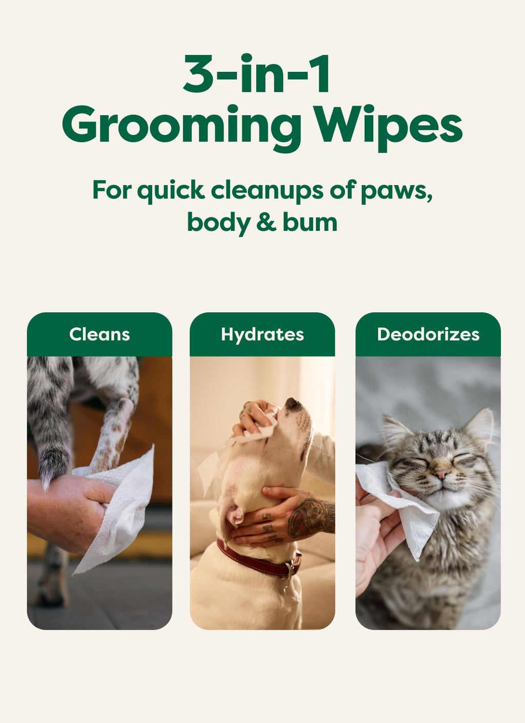 Earth Rated Pet Wipes for Dogs and Cats, Hypoallergenic, 3-in-1 Cleaning