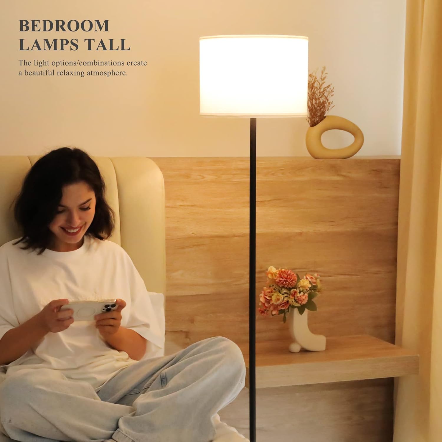 Modern Floor Lamp Simple Design with White Shade, Foot Pedal Switch, 60"