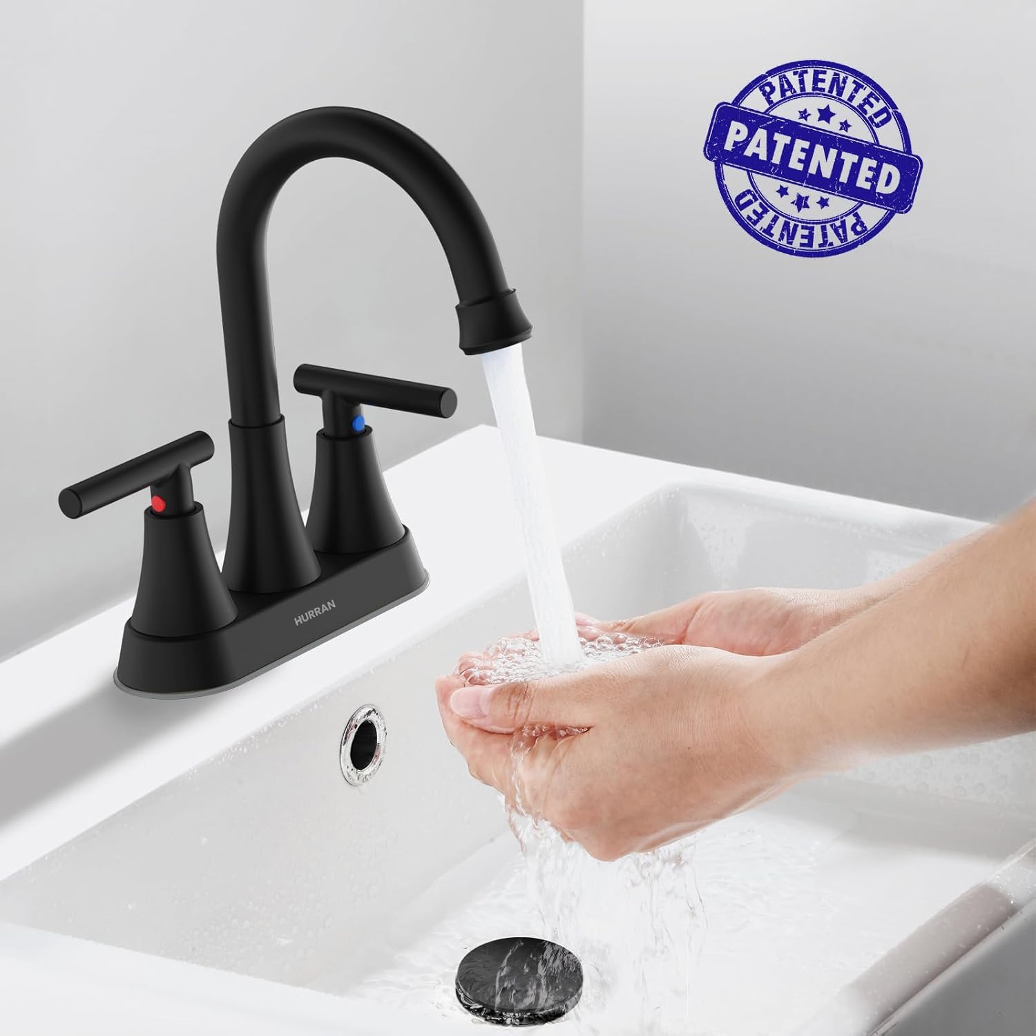 Bathroom Faucets for Sink 3 Hole, Hurran 4 inch Matte Black with Pop-up Drain