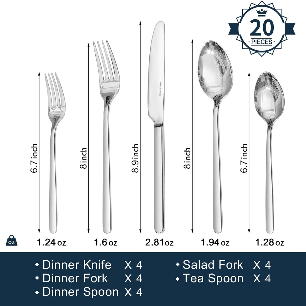 KINGSTONE Silverware Set, 20 Piece Flatware Cutlery Set for 4, 18/10