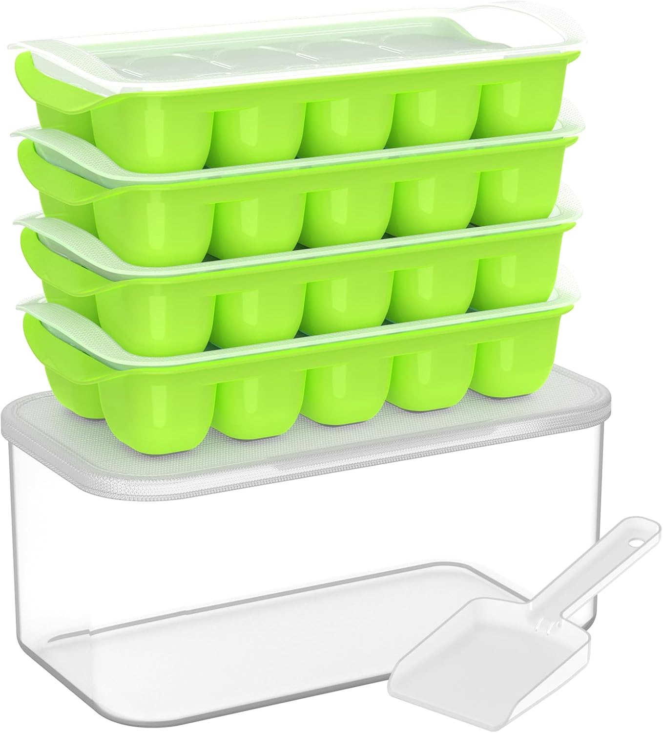 DOQAUS Ice Cube Tray with Lid and Bin - 4 Pack Ice Bucket Kits, Stackable