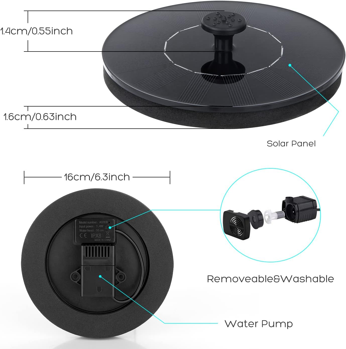 Mademax Solar Bird Bath Fountains, Upgrade 1.4W Solar Fountain Pump with 6