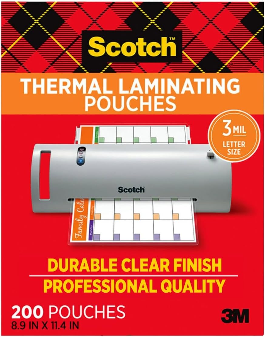 Scotch Thermal Laminating Pouches, 200 Count, Clear, 3 mil., Ideal Office or