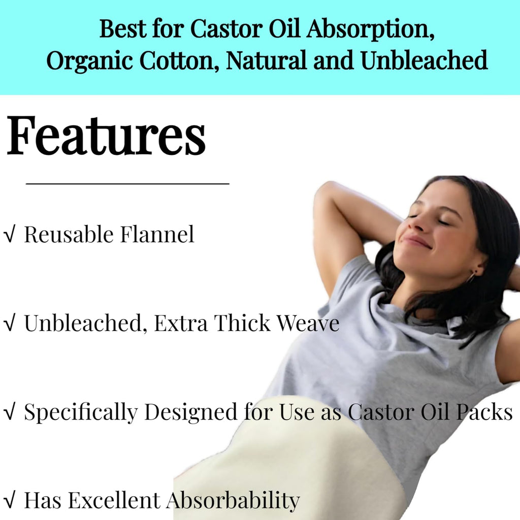 2 Pcs Organic Cotton Flannel for Castor Oil Pack Wrap, Reusable Castor Oil