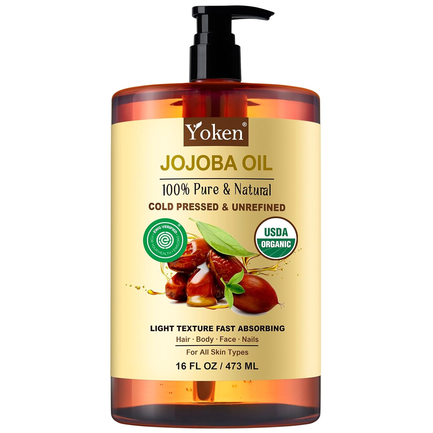 Yoken Pure Jojoba Oil Organic USDA Certified 16 fl oz, 100% Natural Jojoba