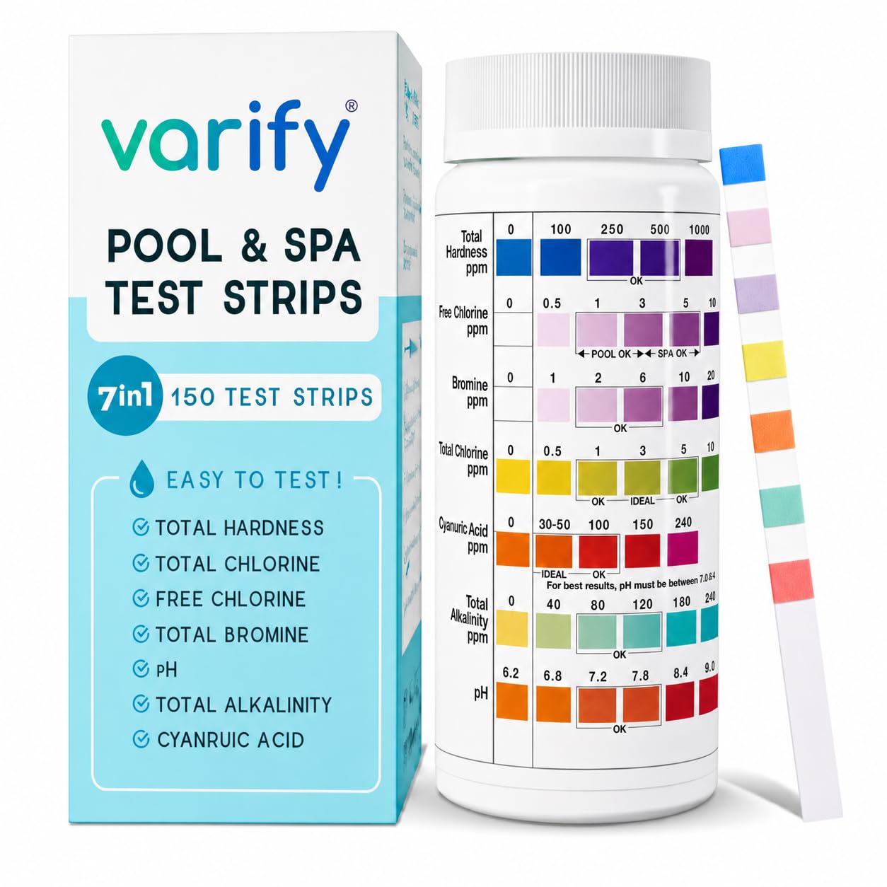 7 in 1 Pool Test Strips (150 Strips) - Easy to Use Water Testing Kit for
