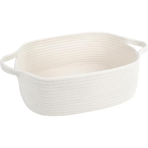 JMvicyroam Woven Basket,Small Rope Storage Bin with Handles & Ribbon Bag