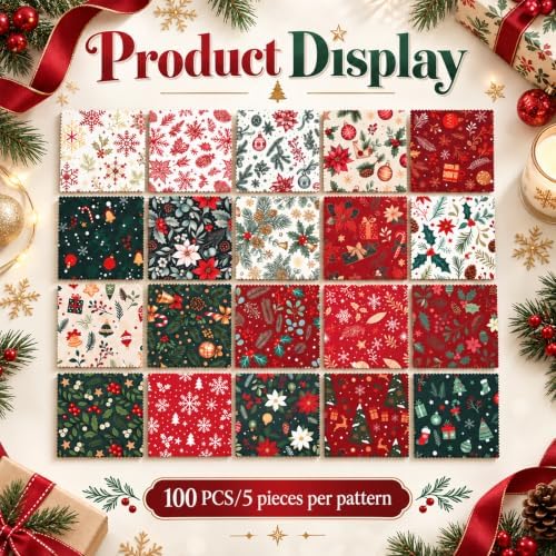 100 Pcs Christmas Fabric Squares 5 x 5 Inch 20 Unique Vintage Holiday Print