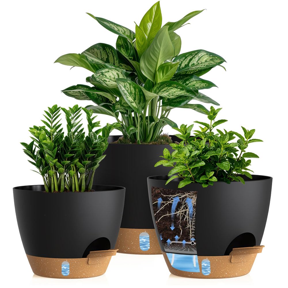 Self Watering Pots with Drainage Holes, 3 Pack 12/10/8 Inch Plant Pots with