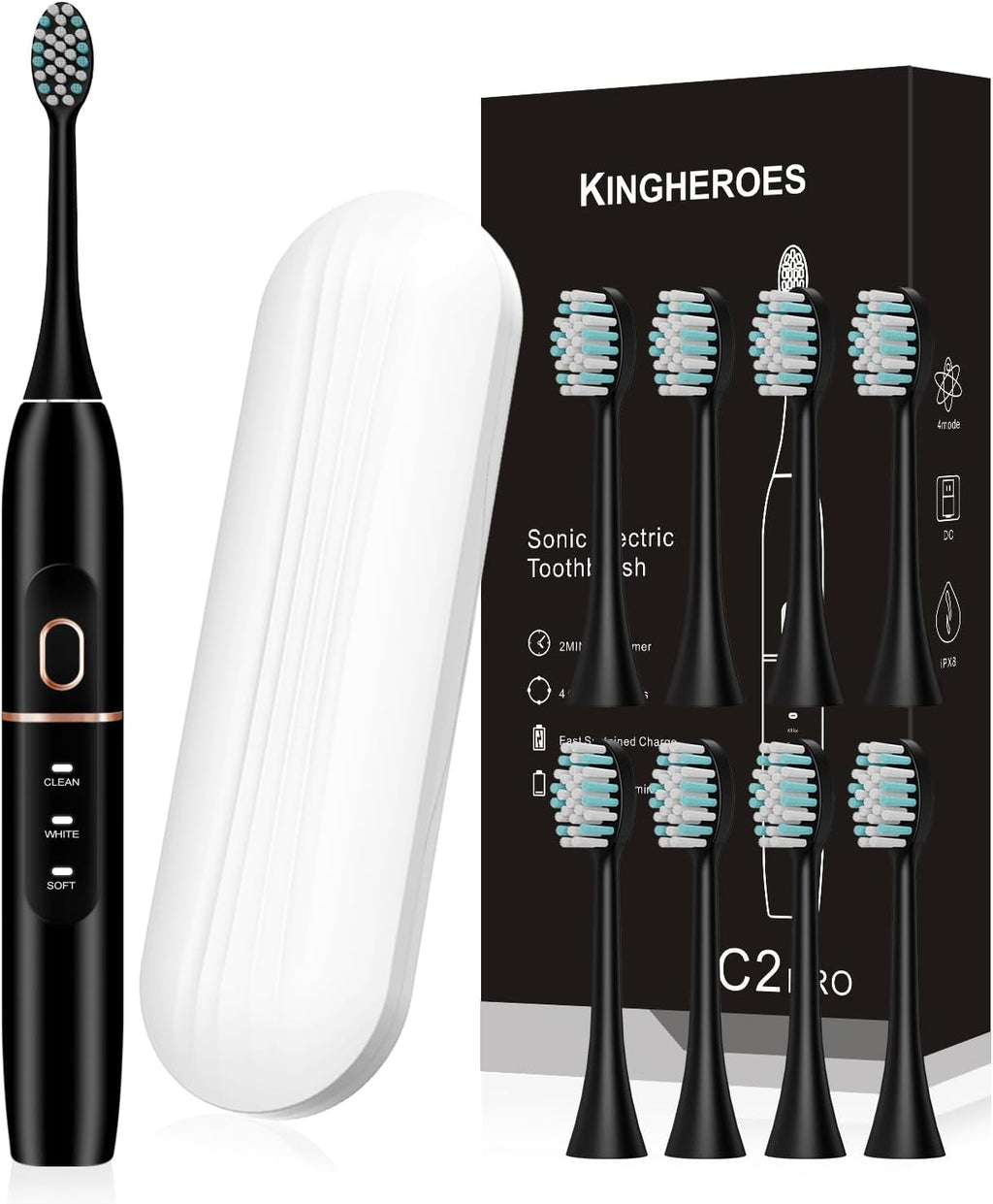kingheroes Electric Toothbrush Set, Comes with 8 Brush Heads & Travel Case,4