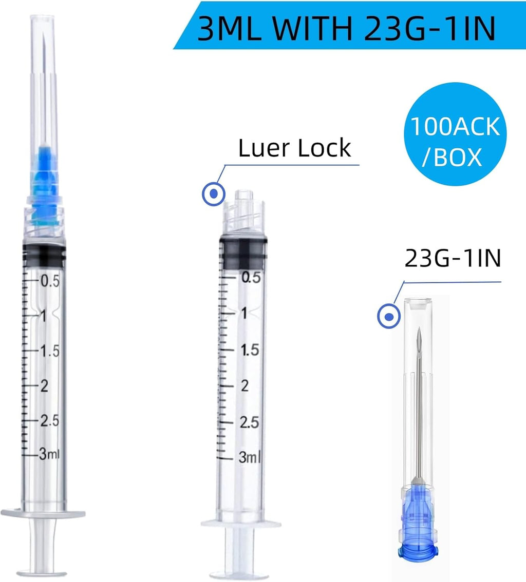 100 Pack Disposable 3ml/cc Lab Syringes with 23Ga 1 Inch Needle Luer Lock