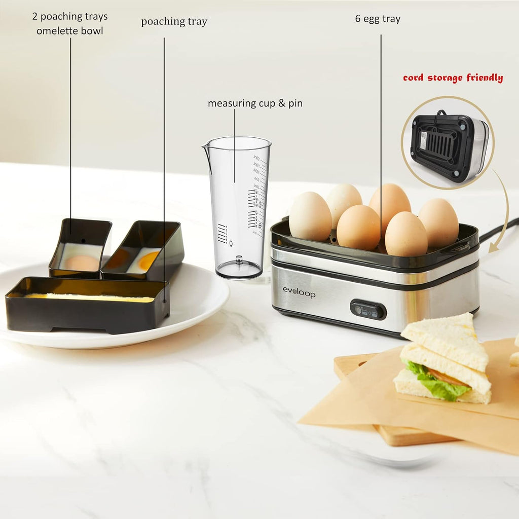 Evoloop Rapid Egg Cooker Electric 6 Eggs Capacity, Soft, Medium, Hard Boiled