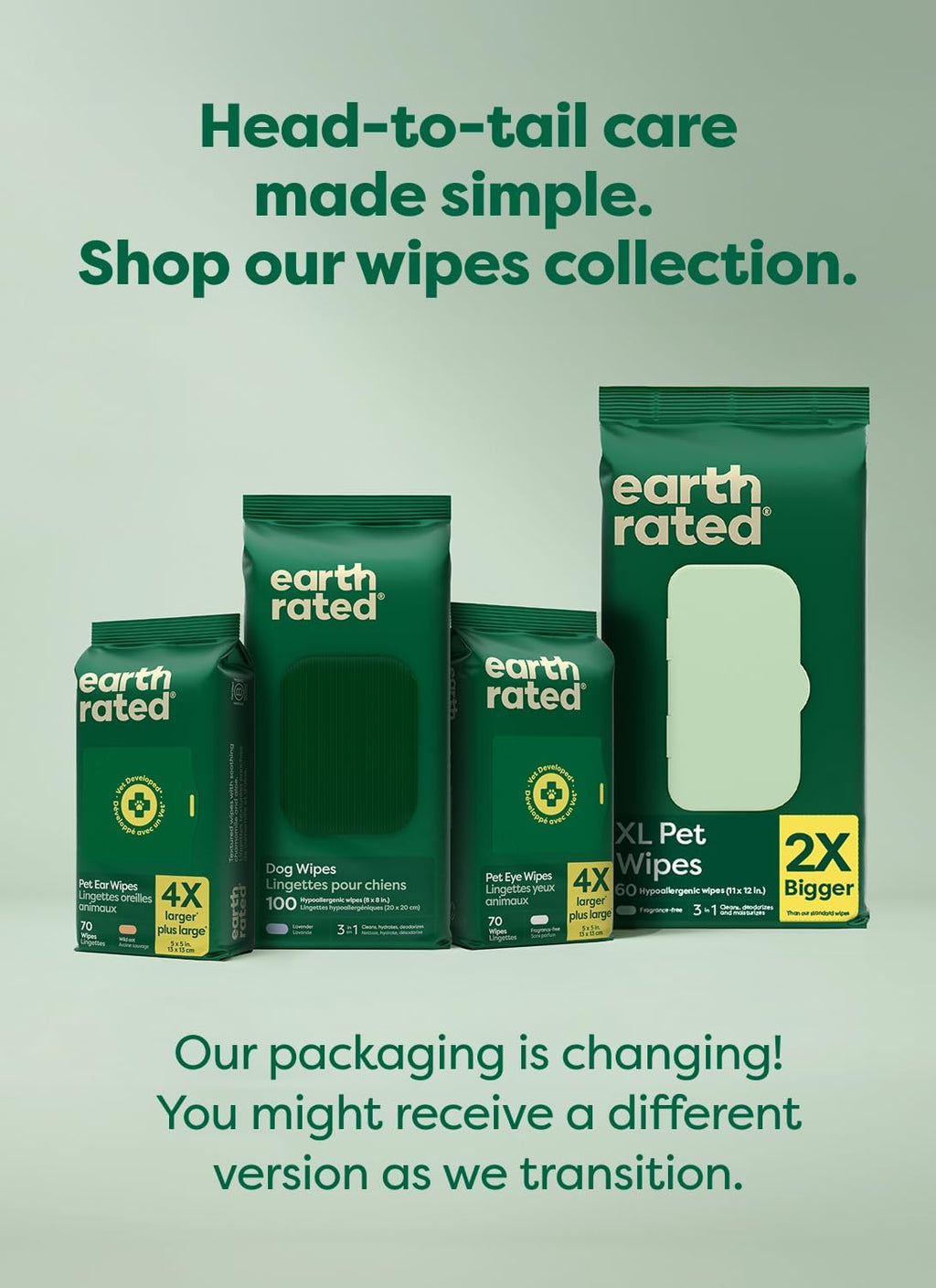Earth Rated Pet Wipes for Dogs and Cats, Hypoallergenic, 3-in-1 Cleaning