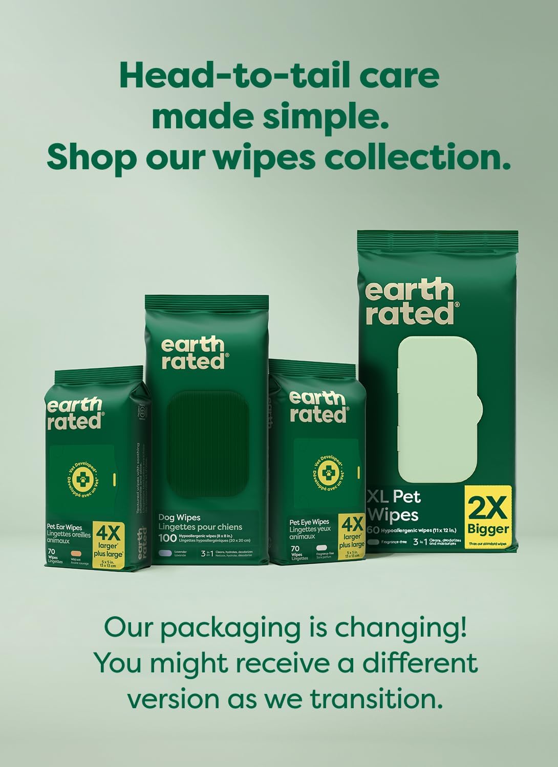 Earth Rated Pet Wipes for Dogs and Cats, Hypoallergenic, 3-in-1 Cleaning