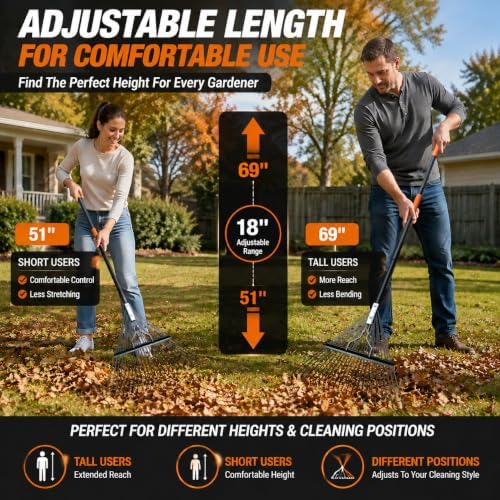 Rake for Leaves,24-Tine High-Resilience Steel-Toothed Extra-Wide Leaf Rake