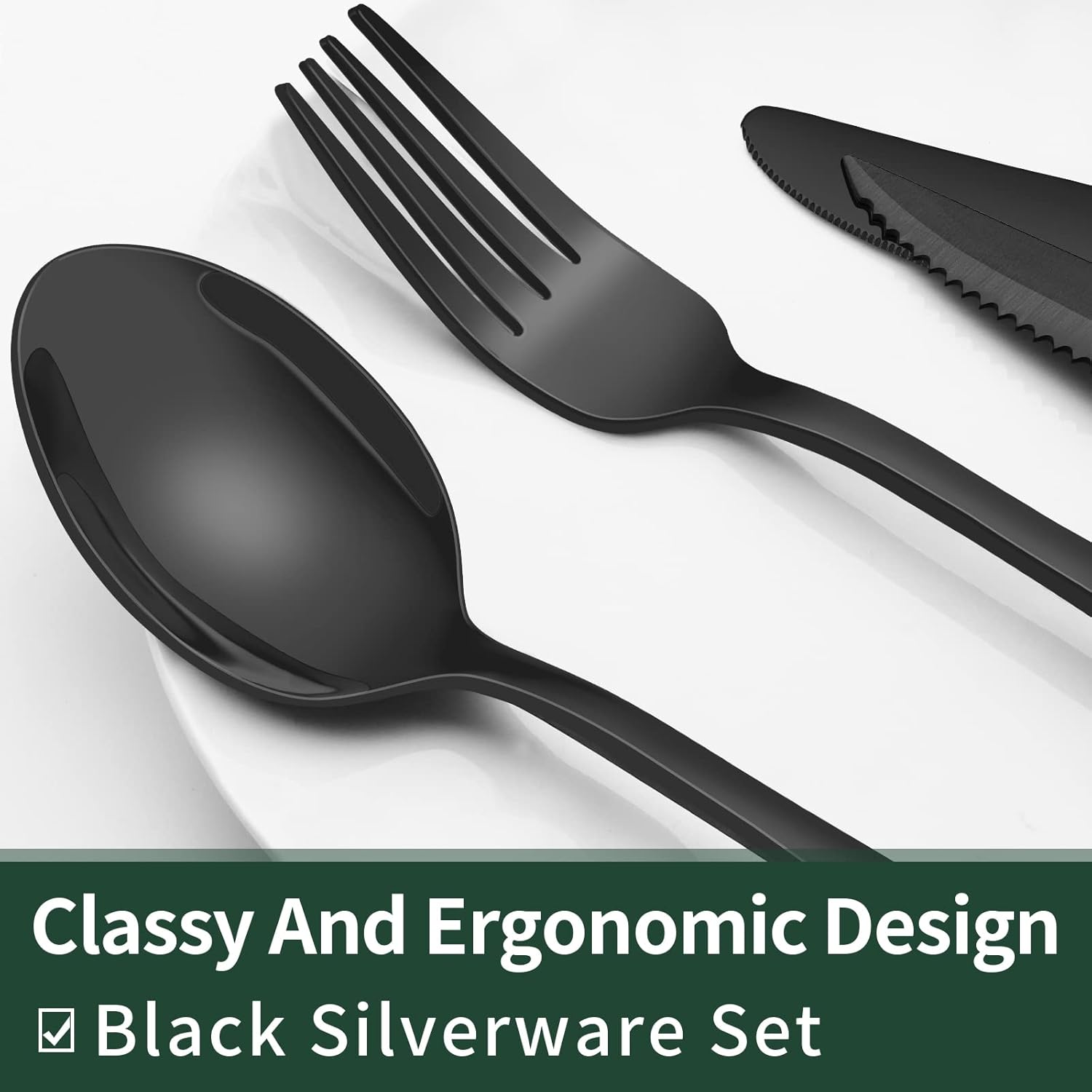 EWFEN 24-Piece Black Silverware Set with Steak Knives, Black Flatware Set for
