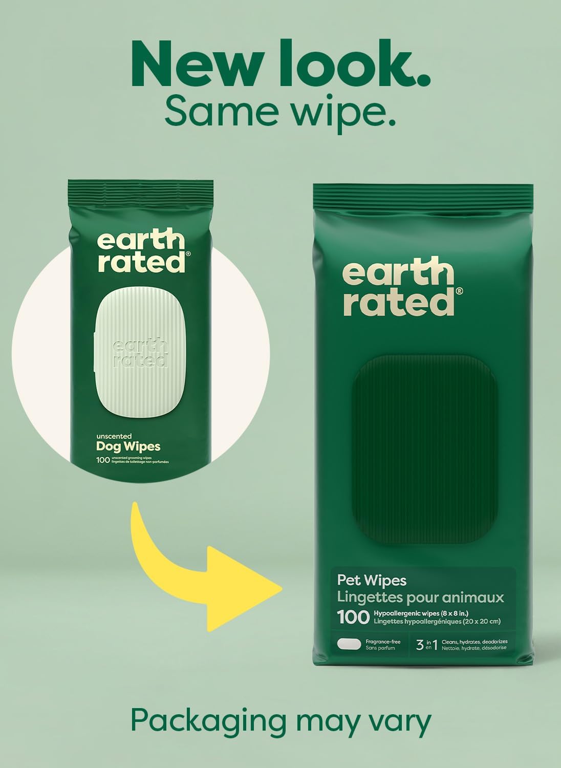 Earth Rated Pet Wipes for Dogs and Cats, Hypoallergenic, 3-in-1 Cleaning