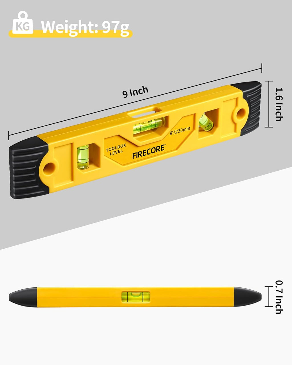 Torpedo Level Magnetic, Firecore 9 Inch Shockproof Small Leveler Tool with 3