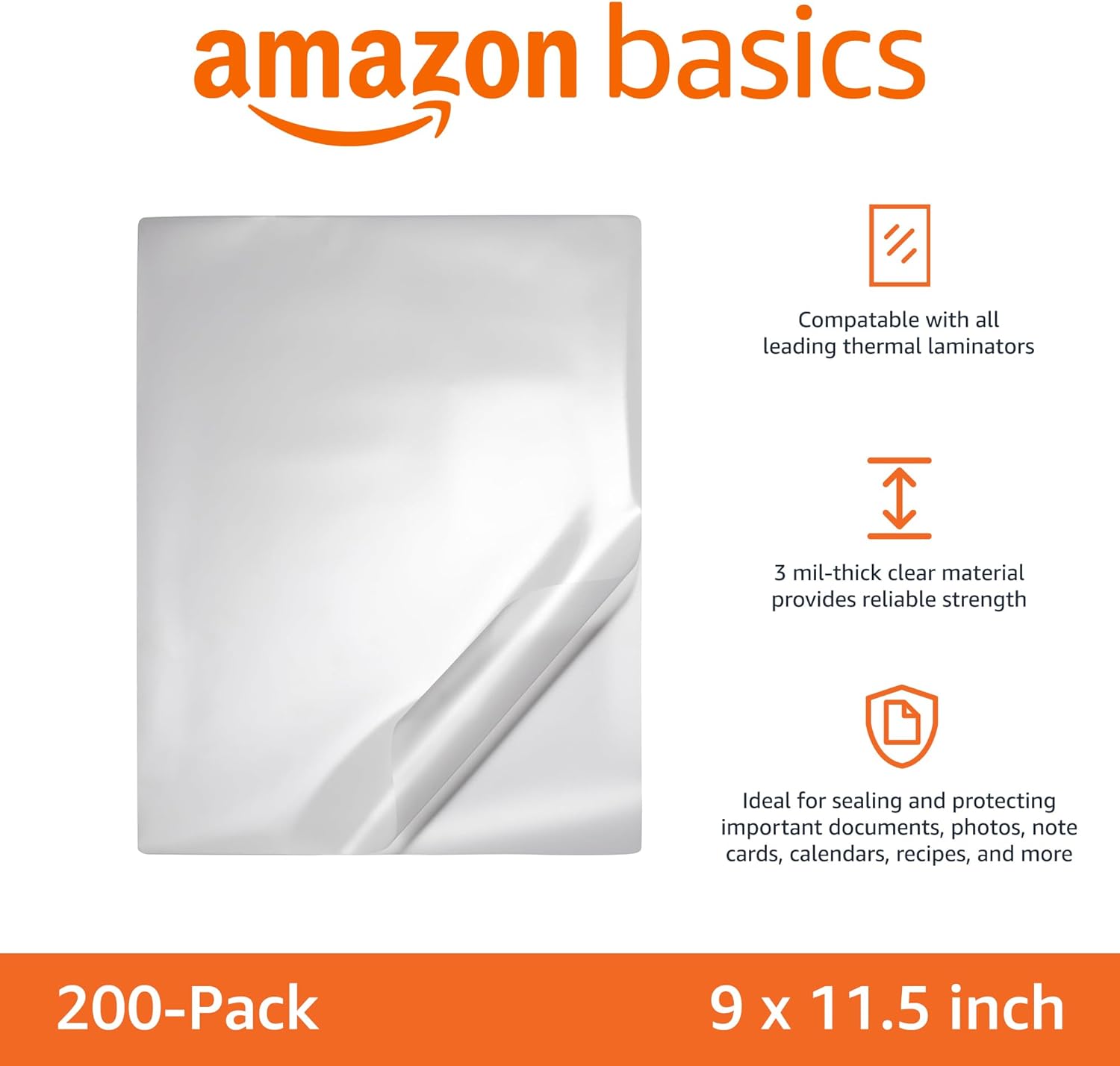 Amazon Basics Clear Thermal Laminating Plastic Paper Laminator Sheets, 9 x