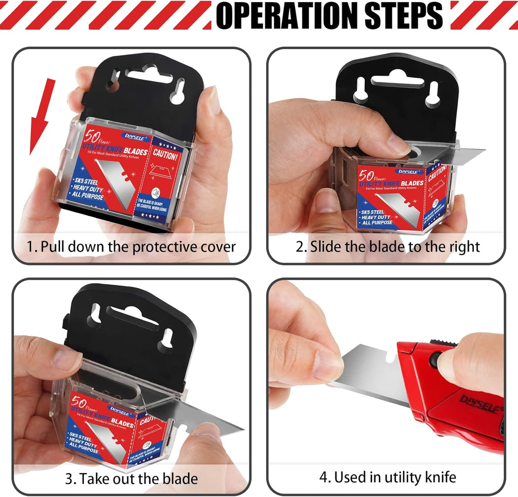DIYSELF 50 Pack Utility Knife Blades, SK5 Steel Box Cutter Blades with