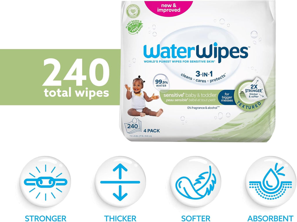 WaterWipes Sensitive+ Baby & Toddler Wipes, 3-In-1 Cleans, Cares, Protects