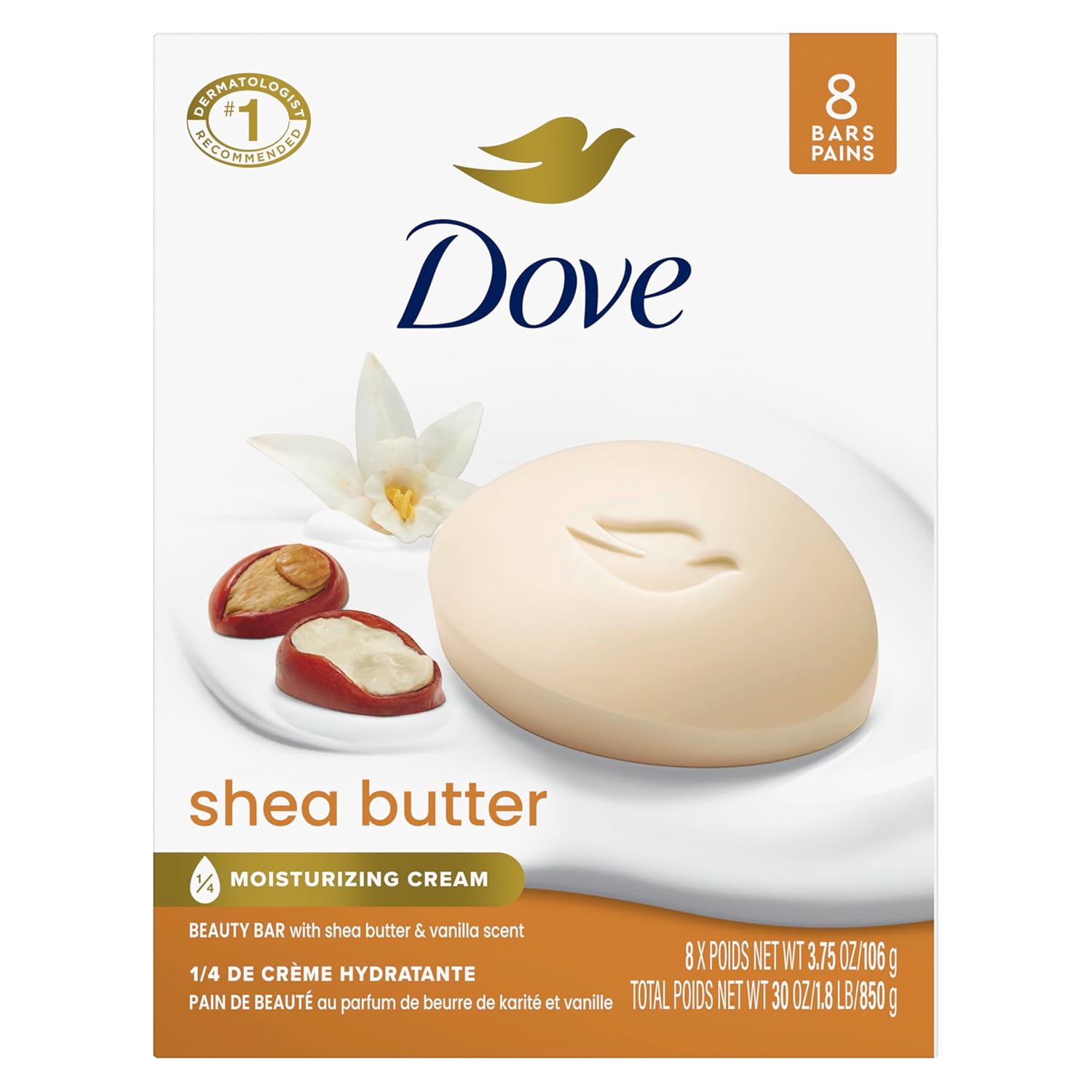 Dove Beauty Bar Soap Shea Butter, 8 Bars for Nourished, Radiant Skin