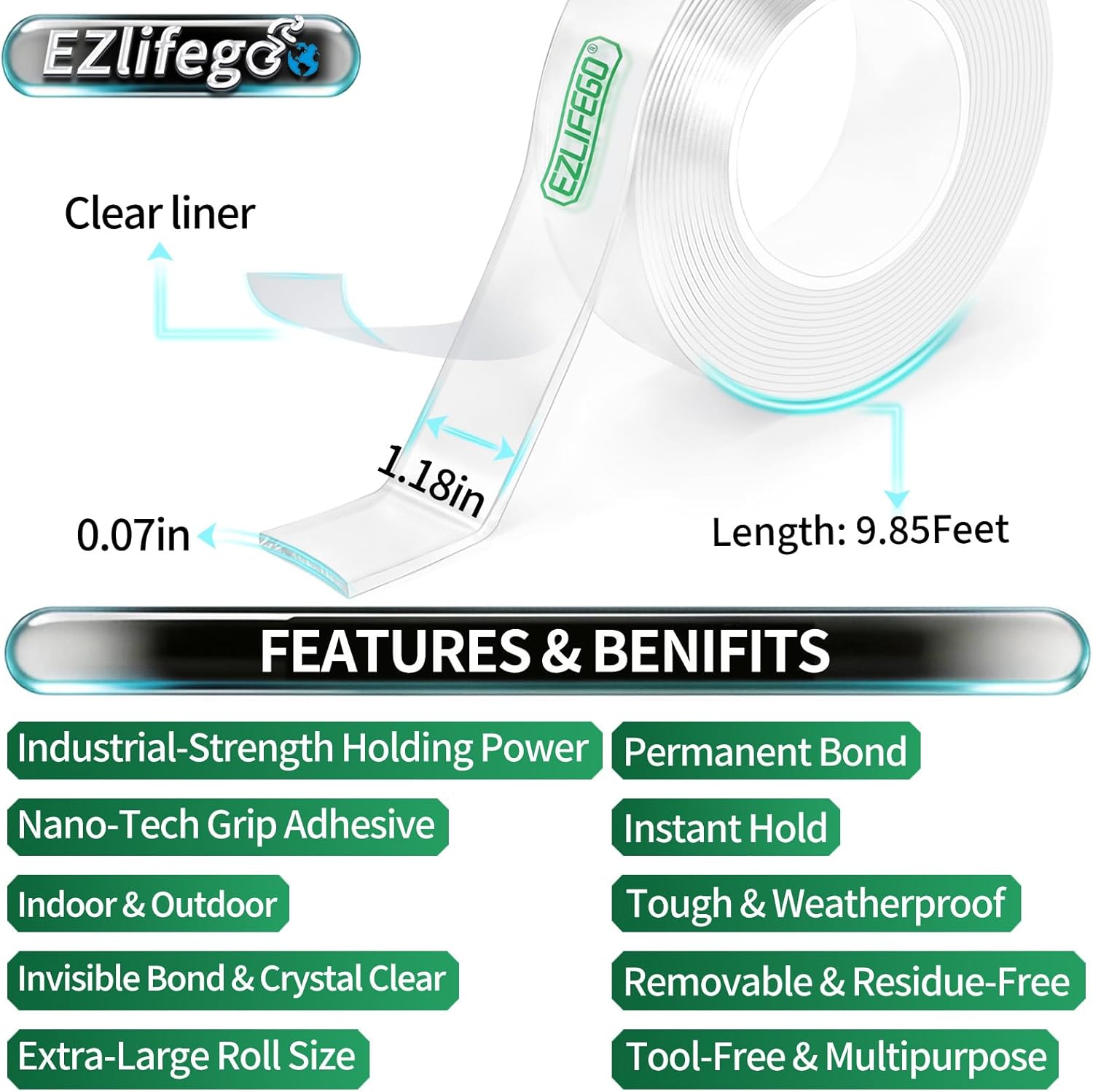 EZlifego Double Sided Tape Heavy Duty, Nano Double Sided Adhesive Tape, Clear