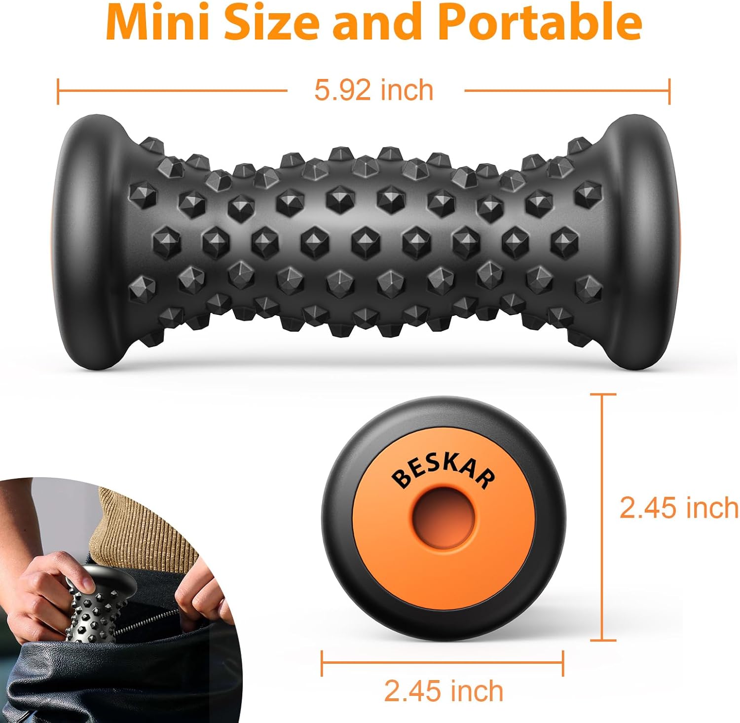 BESKAR Foot Massager Roller for Plantar Fasciitis Relief, Portable, Deep