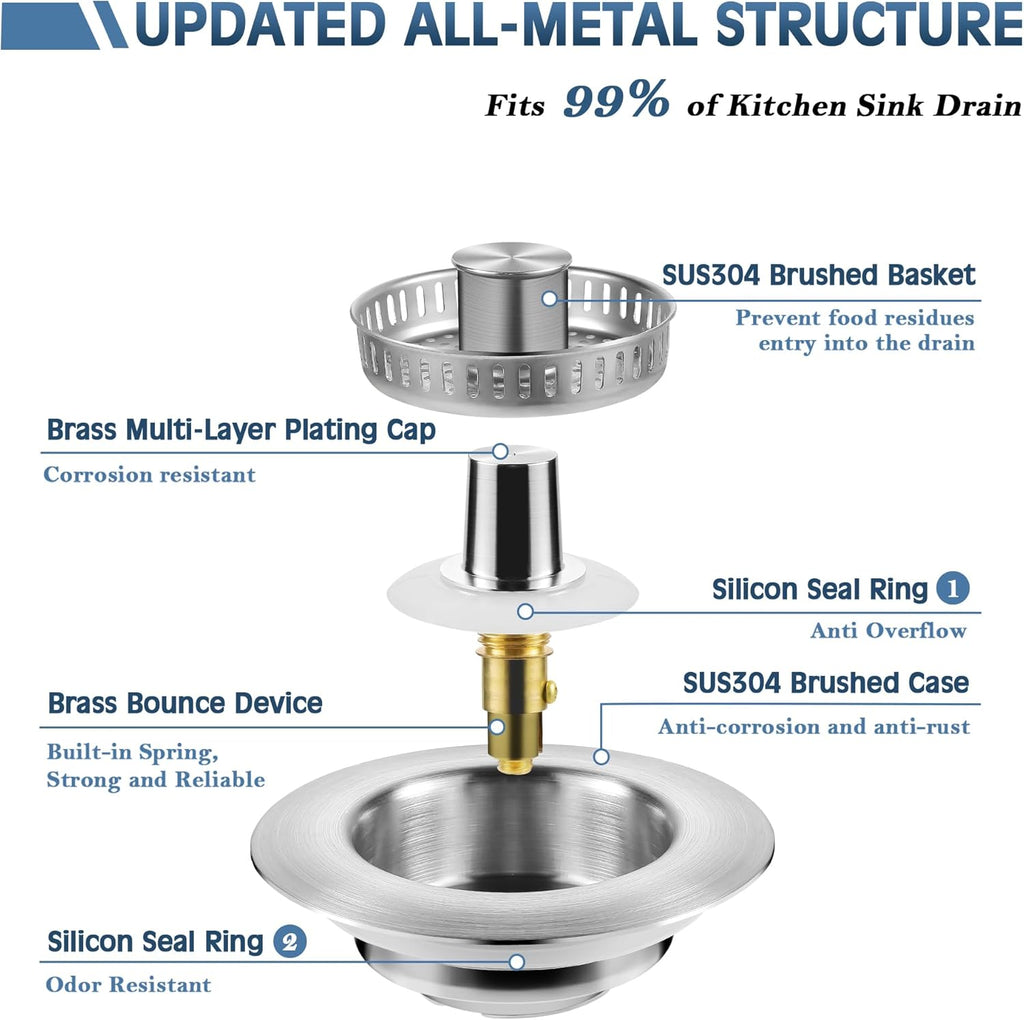 Kitchen Sink Drain Strainer 3 in 1, 304 Stainless Steel Pop Up Sink Stopper
