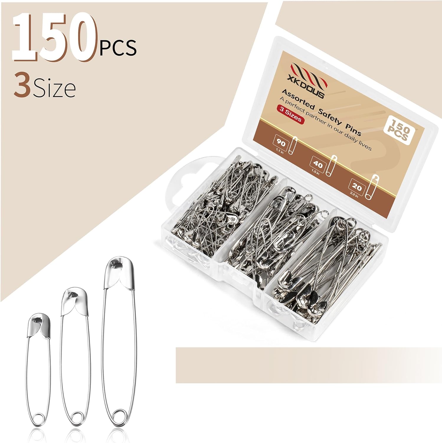 XKDOUS Safety Pins - 150 Pcs Assorted Sizes Silver Pins Bulk - Small & Large