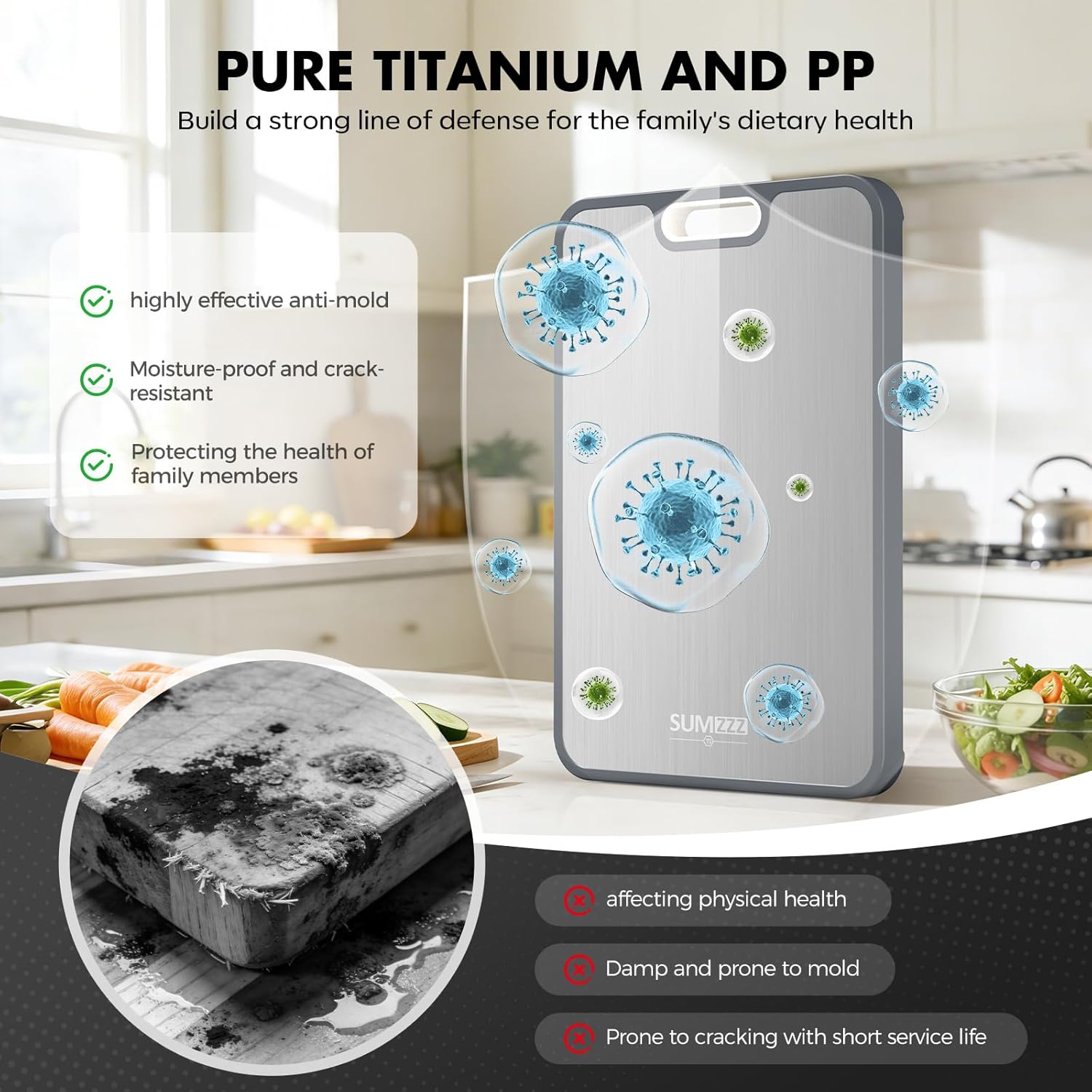 Sumzzz Titanium Cutting Board for Kitchen, Non Toxic 2-in-1 Cutting Board