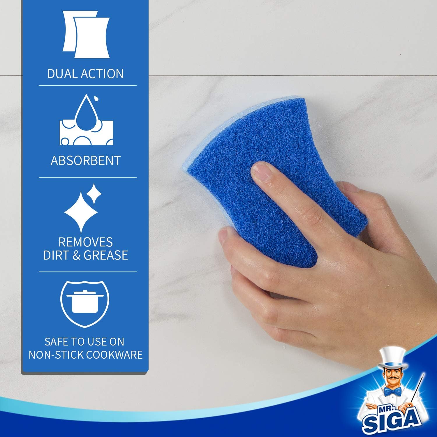 MR.SIGA Non-Scratch Cellulose Scrub Sponge, Dual-Sided Dishwashing Sponge for