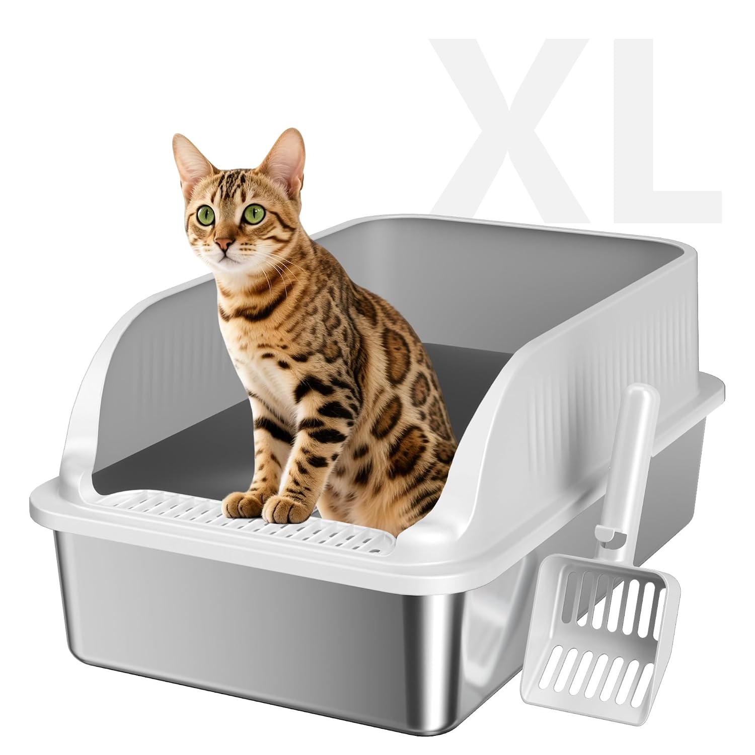 Stainless Steel Cat Litter Box with Lid, XL Metal High Sided Litter Box