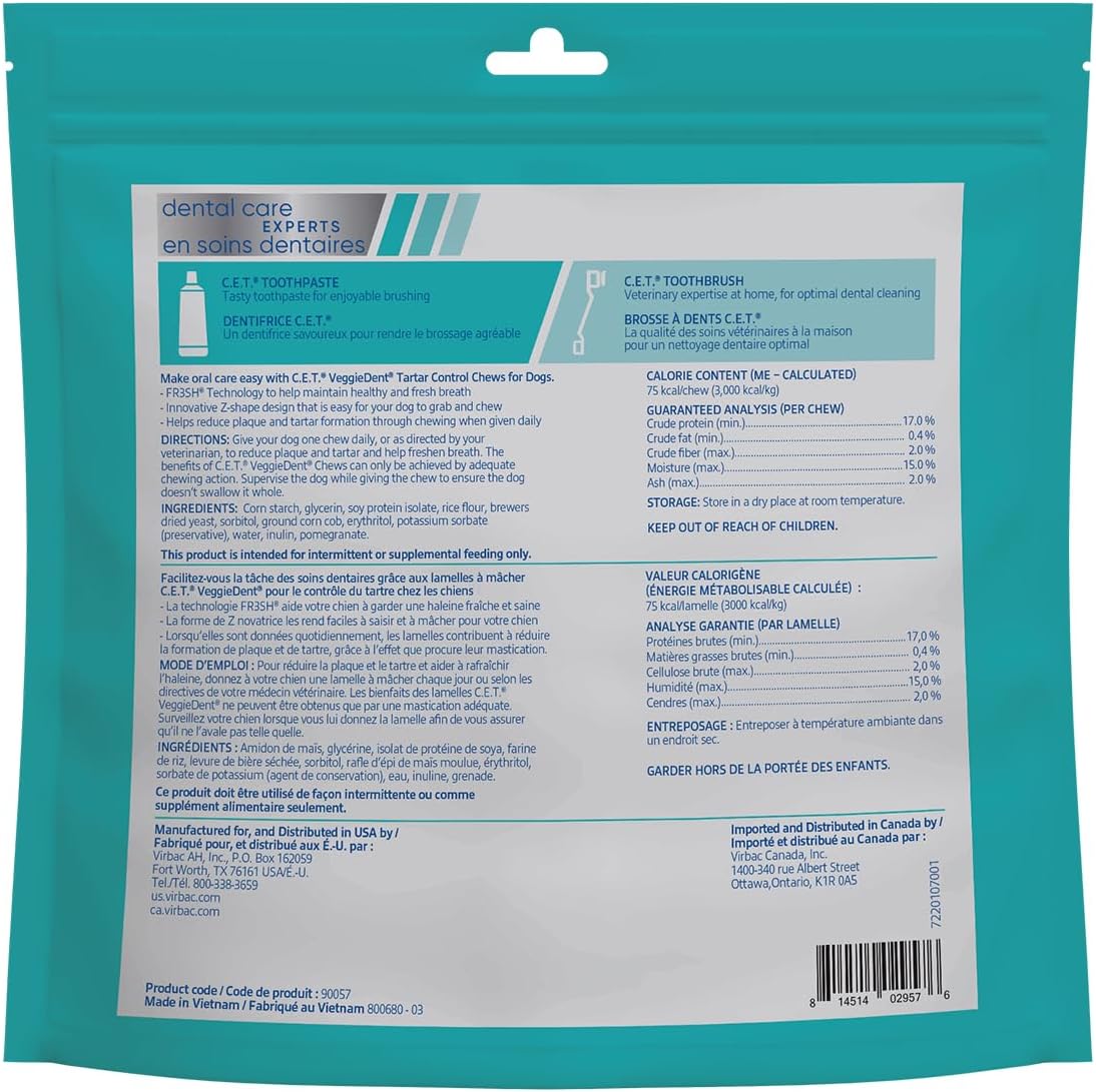 Virbac C.E.T.å¨ VEGGIEDENTå¨ FR3SHå¨ Tartar Control Chews for Dogs with