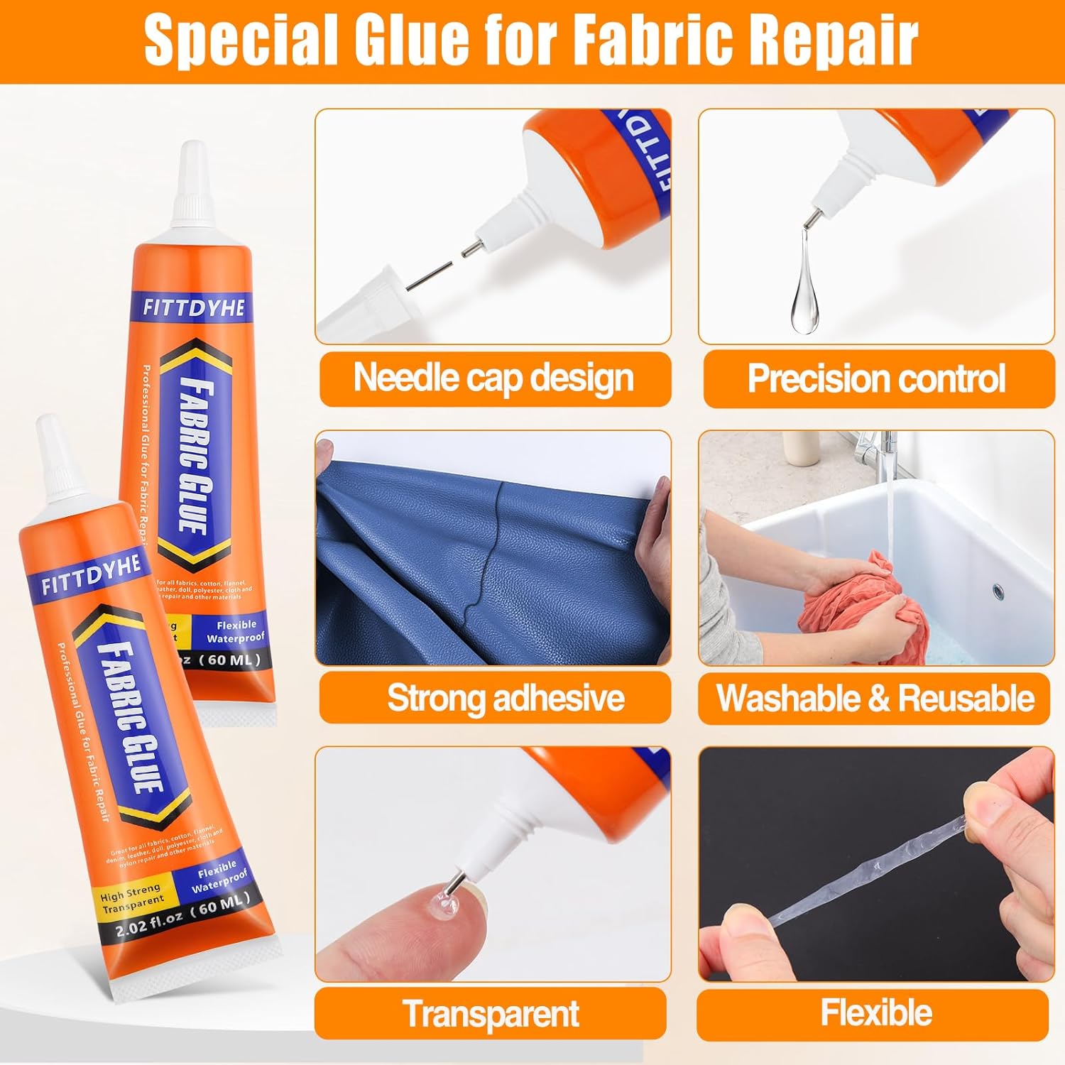 FITTDYHE Fabric Glue Permanent, 60 ML Washable Clear Clothing Glue, Super