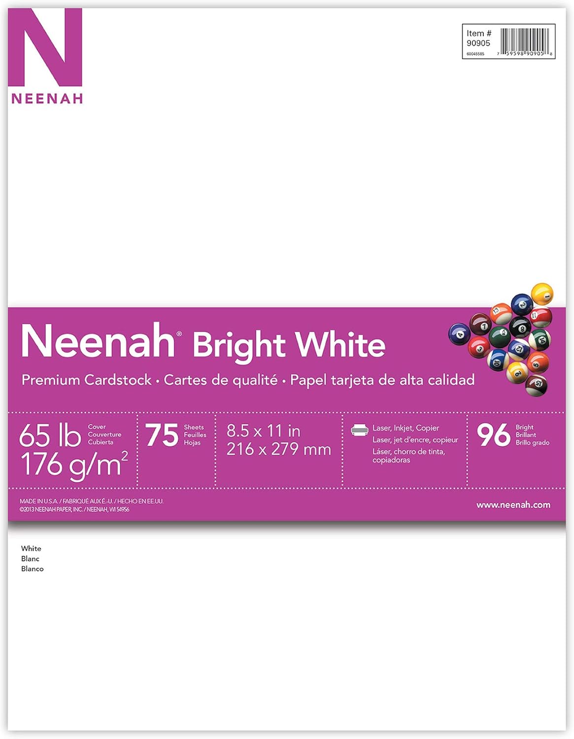 Astrobrights/Neenah Bright White Cardstock, 8.5" x 11", 65 lb/176 gsm, White