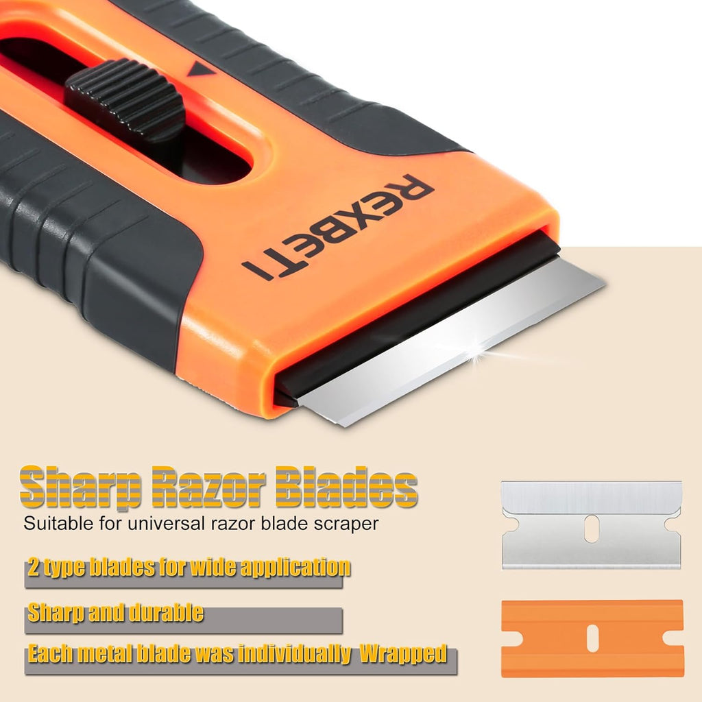 REXBETI Razor Blade Scraper Tool, 2 Pack Razor Scraper Set with Extra 80Pcs