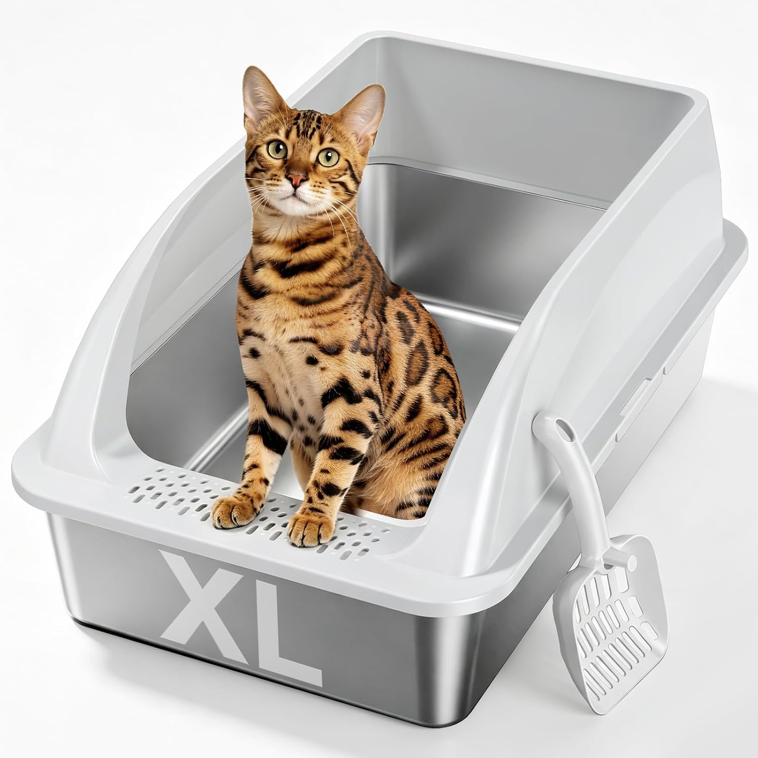 XL Open Top Stainless Steel Litter Box with High Sides,Light Gray
